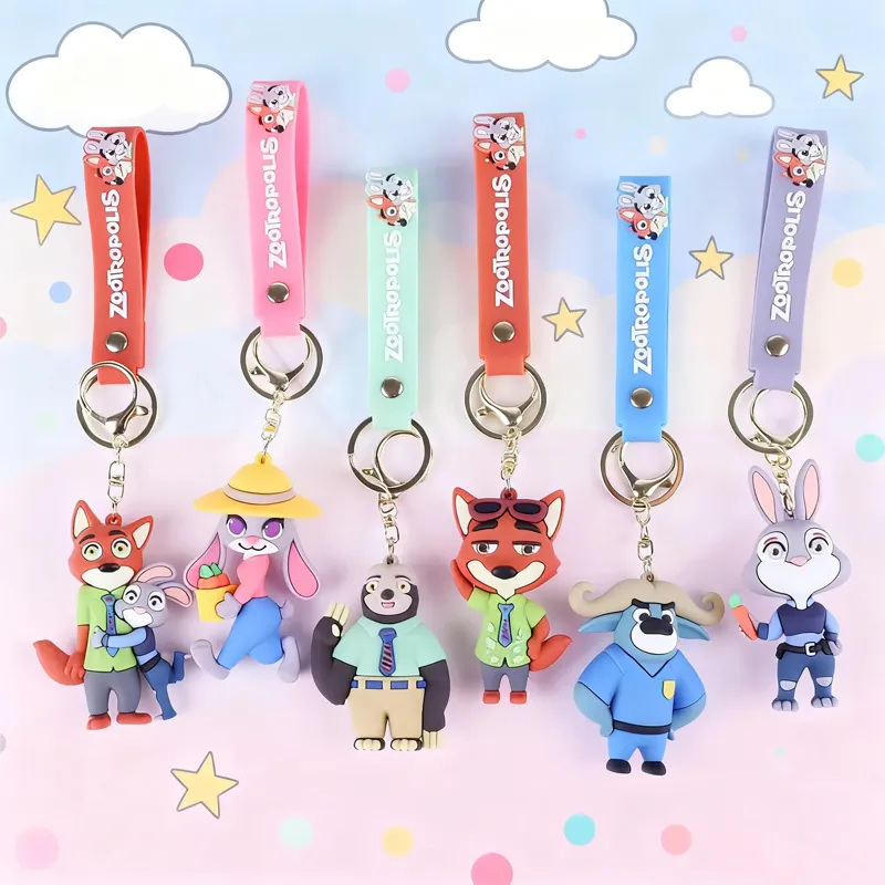 3D Rubber Keychain Zootopia Movie Characters Design Keying Hanging Bag Decoration 6 Pcs Size 6 cm